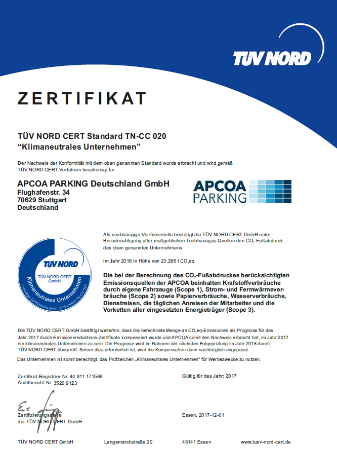 APCOA TÜV Zertifikat