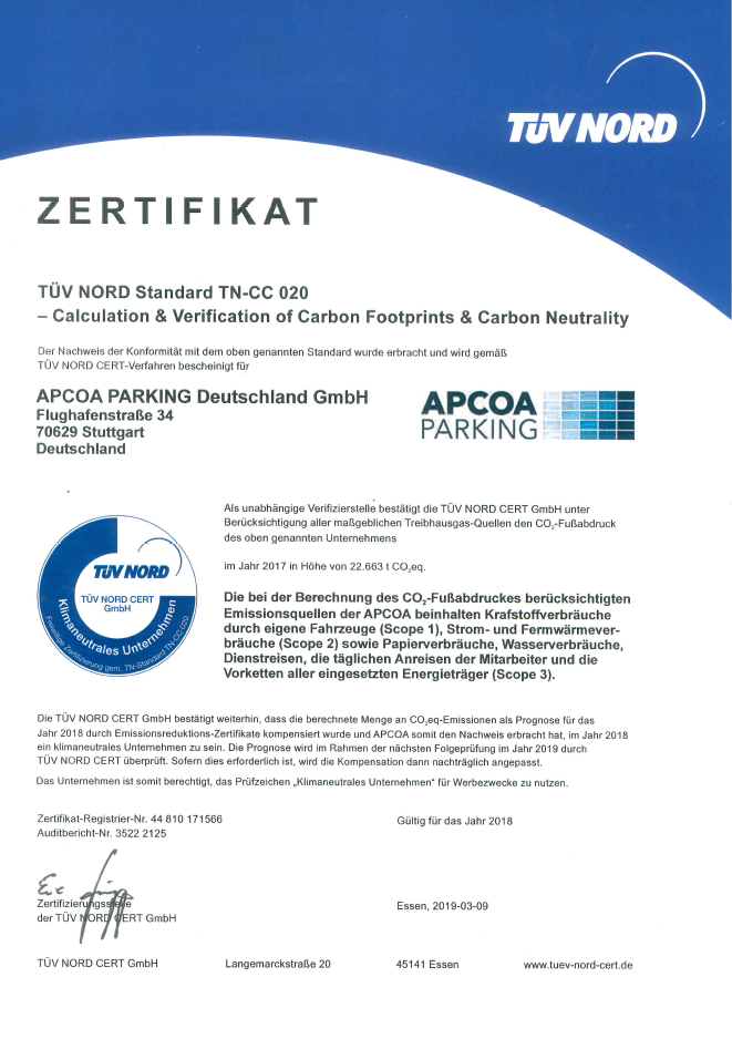 APCOA Zertifikat 2018